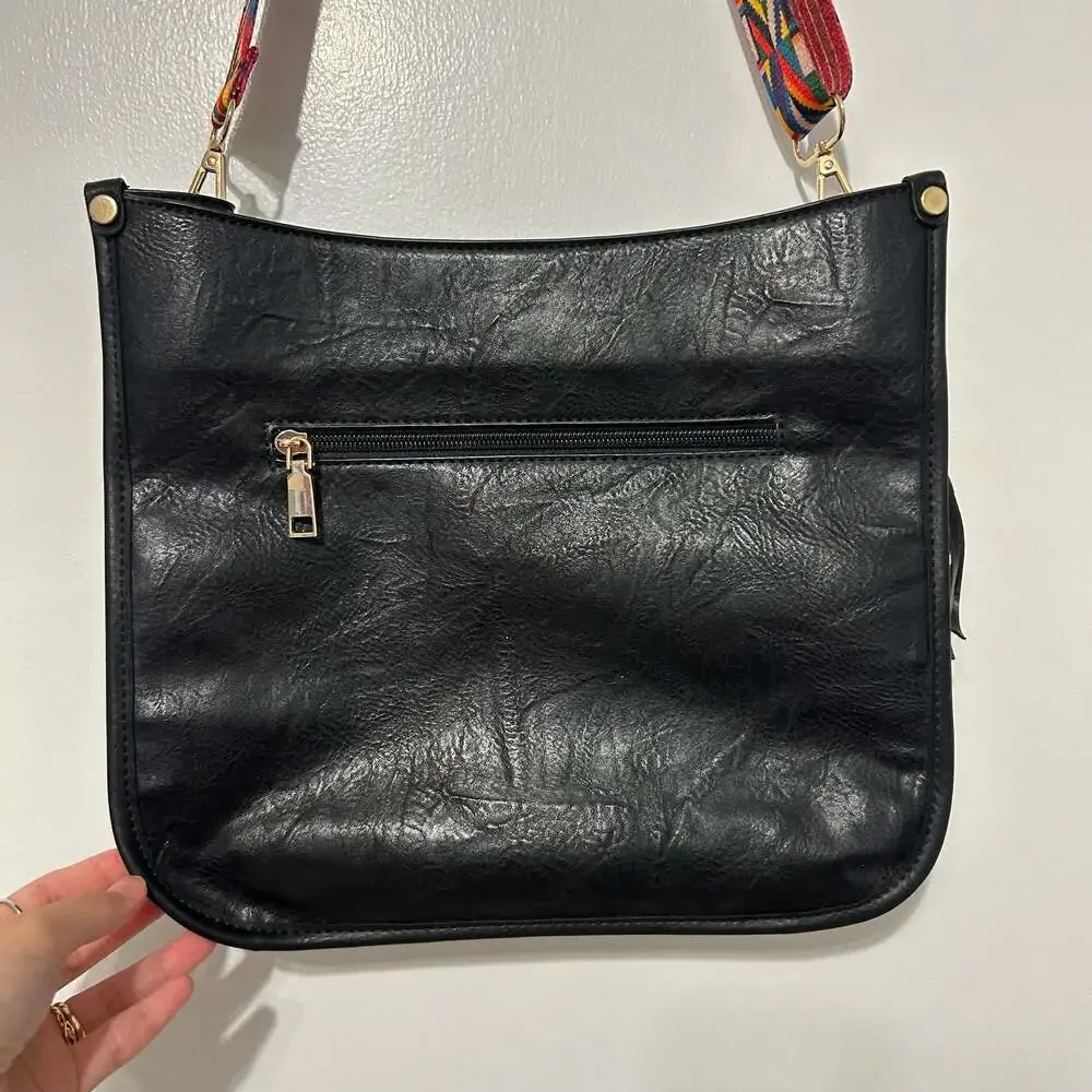 Black Faux Leather Crossbody Bag with Colorful Woven Guitar Strap and Tassel